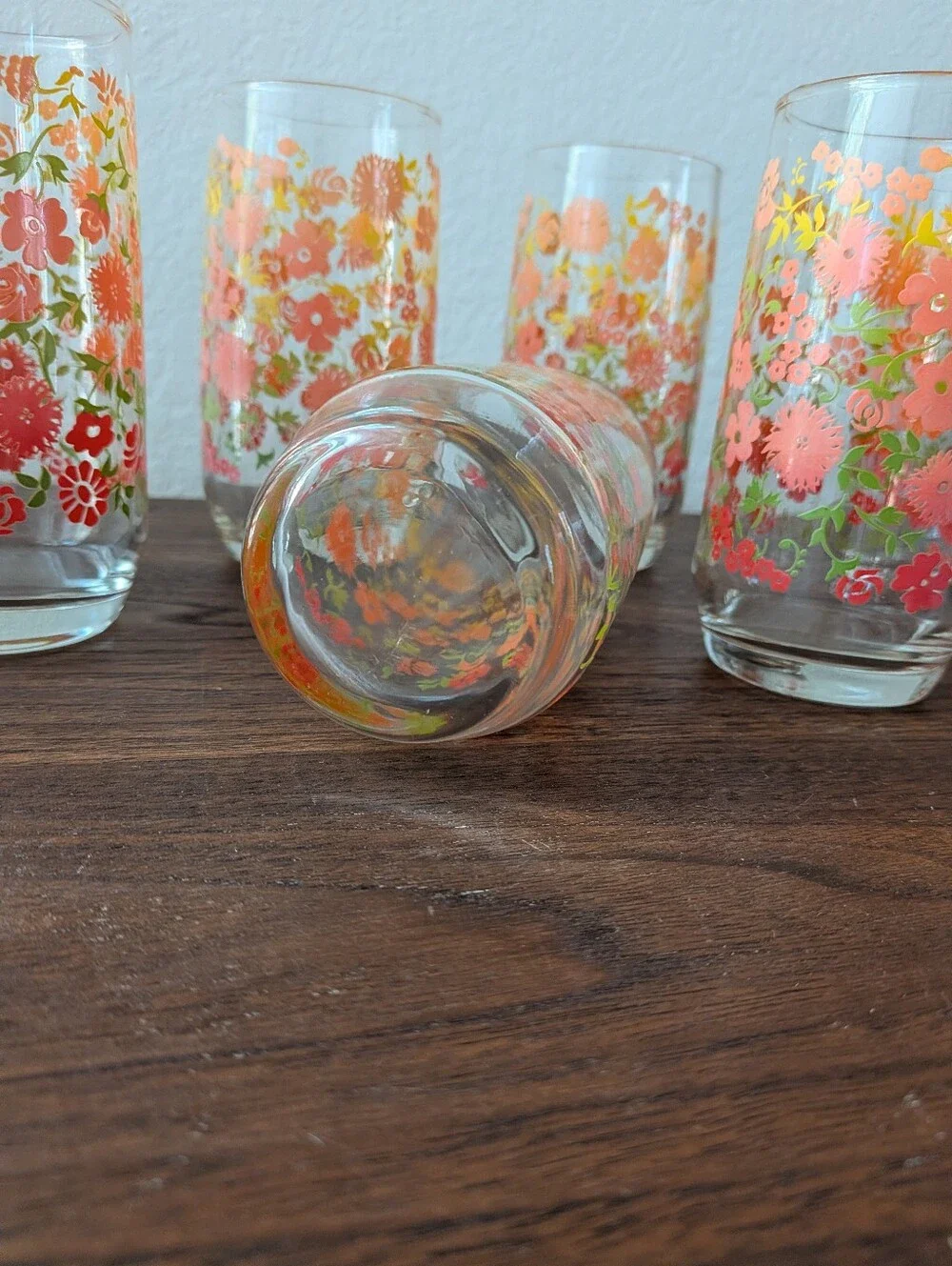 Set of 6 Retro Anchor Hocking Floral Tumblers Juice Glasses Orange Red Yellow